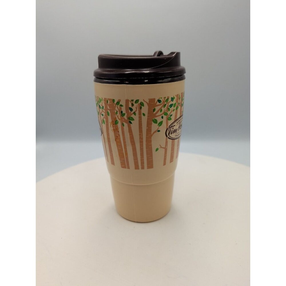 Tim Hortons Insulated Thermo-Serve Forest Trees Beige Coffee Travel Mug Vintage - Picture 2 of 7
